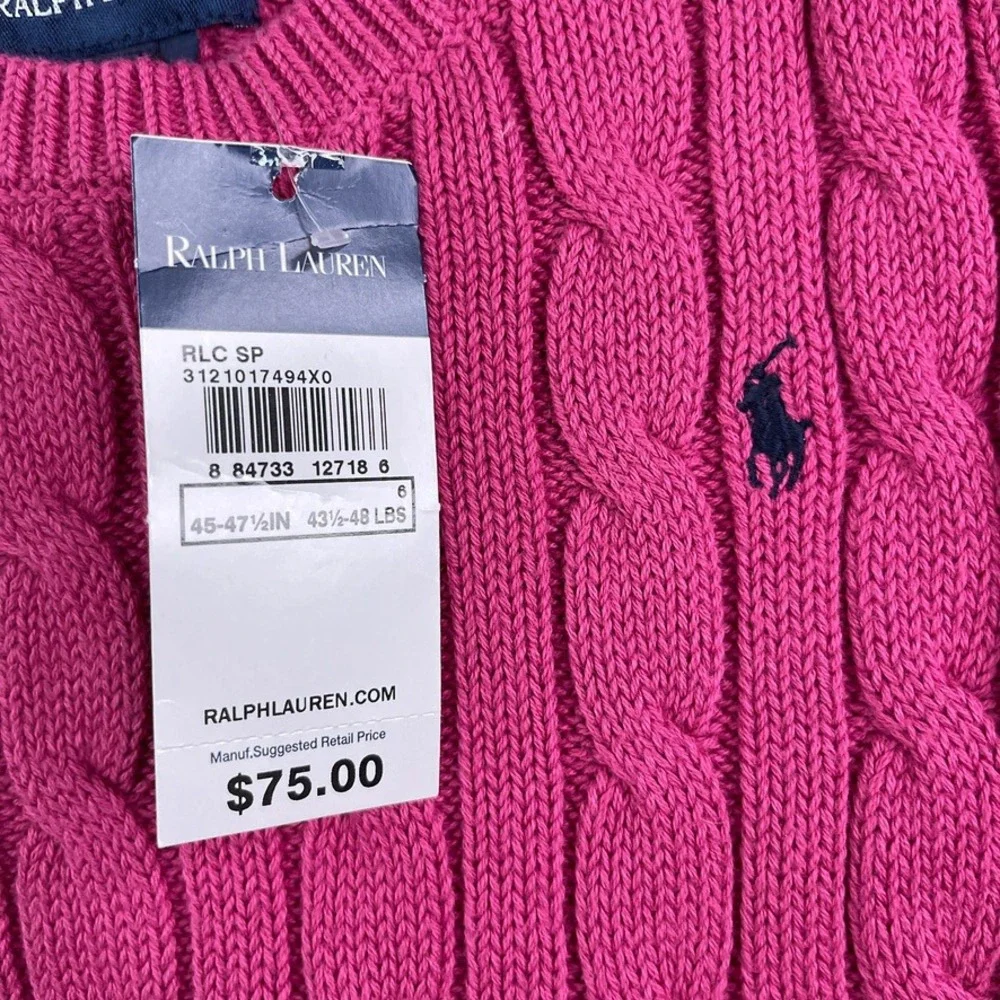 NEW Ralph Lauren Dress Girls Size 6 Pink Cable Knit Short Sleeve Ruffle Hem Prep